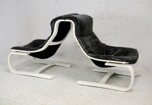 Swedish Black Leather and Cream Lacquered Wood Armchairs and Ottomans, 1975, Set of 4-MAO-1270893