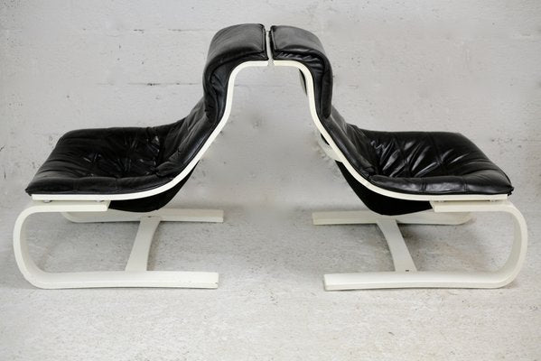 Swedish Black Leather and Cream Lacquered Wood Armchairs and Ottomans, 1975, Set of 4-MAO-1270893