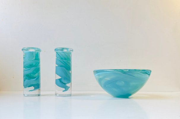 Swedish Blue Atoll Art Glass Bowl & Candlesticks by Anna Ehrner for Kosta Boda, 1980s, Set of 3-LCR-1058068