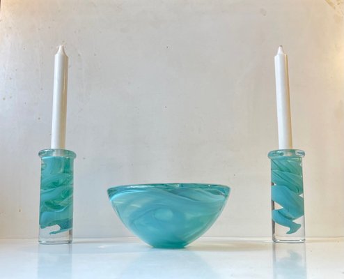 Swedish Blue Atoll Art Glass Bowl & Candlesticks by Anna Ehrner for Kosta Boda, 1980s, Set of 3-LCR-1058068