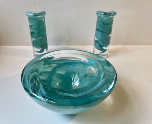 Swedish Blue Atoll Art Glass Bowl & Candlesticks by Anna Ehrner for Kosta Boda, 1980s, Set of 3-LCR-1058068