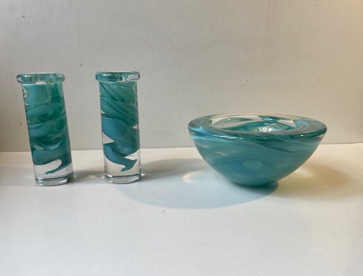 Swedish Blue Atoll Art Glass Bowl & Candlesticks by Anna Ehrner for Kosta Boda, 1980s, Set of 3-LCR-1058068