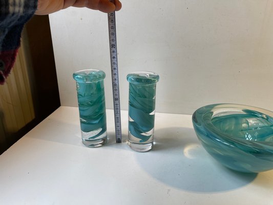 Swedish Blue Atoll Art Glass Bowl & Candlesticks by Anna Ehrner for Kosta Boda, 1980s, Set of 3-LCR-1058068