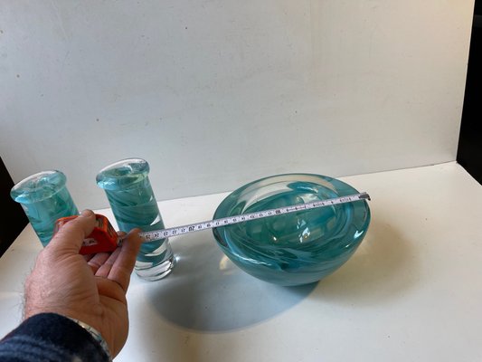 Swedish Blue Atoll Art Glass Bowl & Candlesticks by Anna Ehrner for Kosta Boda, 1980s, Set of 3-LCR-1058068