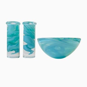 Swedish Blue Atoll Art Glass Bowl & Candlesticks by Anna Ehrner for Kosta Boda, 1980s, Set of 3-LCR-1058068