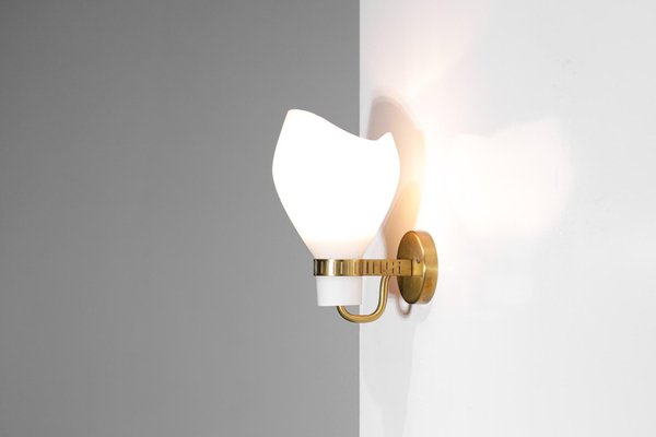 Swedish Brass and Opaline Wall Lamp in the Style of Paavo Tynell, 1960s-YU-1075710