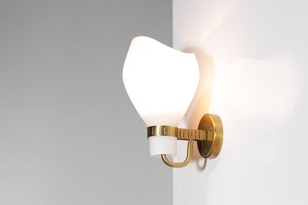 Swedish Brass and Opaline Wall Lamp in the Style of Paavo Tynell, 1960s-YU-1075710