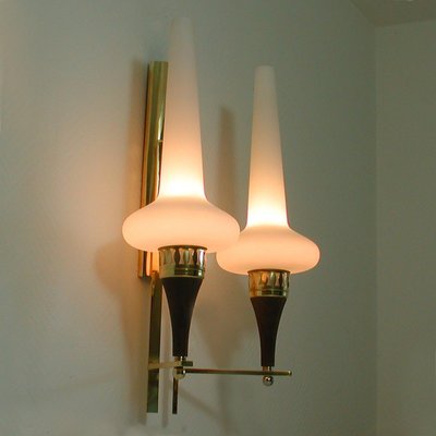 Swedish Brass Teak & Opaline Glass Wall Light by Hans Bergström for Asea, 1950s-OE-897898