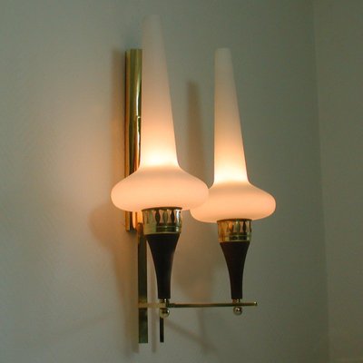 Swedish Brass Teak & Opaline Glass Wall Light by Hans Bergström for Asea, 1950s-OE-897898