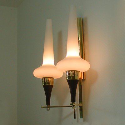 Swedish Brass Teak & Opaline Glass Wall Light by Hans Bergström for Asea, 1950s-OE-897898