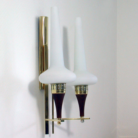 Swedish Brass Teak & Opaline Glass Wall Light by Hans Bergström for Asea, 1950s