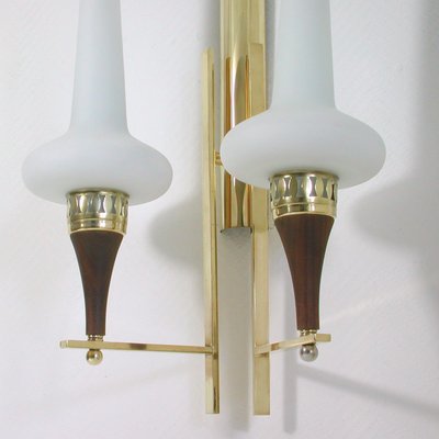 Swedish Brass Teak & Opaline Glass Wall Light by Hans Bergström for Asea, 1950s-OE-897898