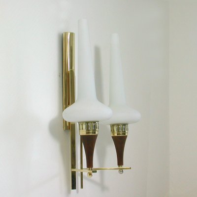 Swedish Brass Teak & Opaline Glass Wall Light by Hans Bergström for Asea, 1950s-OE-897898