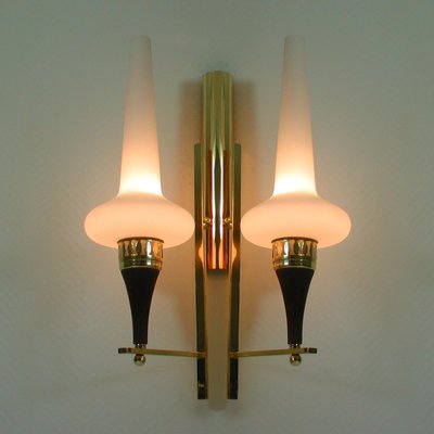 Swedish Brass Teak & Opaline Glass Wall Light by Hans Bergström for Asea, 1950s-OE-897898