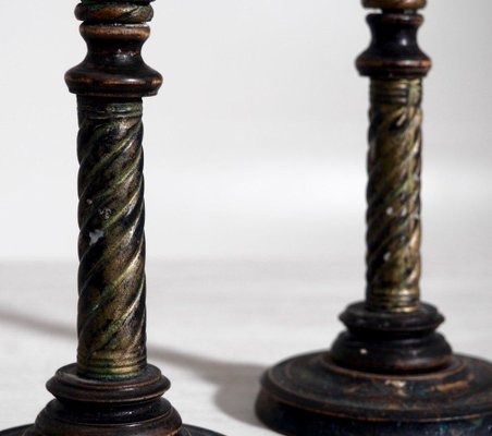 Swedish Candleholders in Carved Wood, Paint & Gilt, 1800s, Set of 2-SA-636412