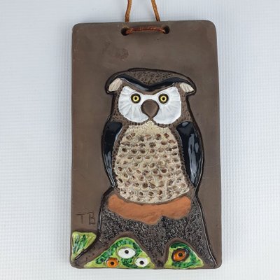 Swedish Ceramic Wall Plaque with Owl, 1960s-ZPB-1145308