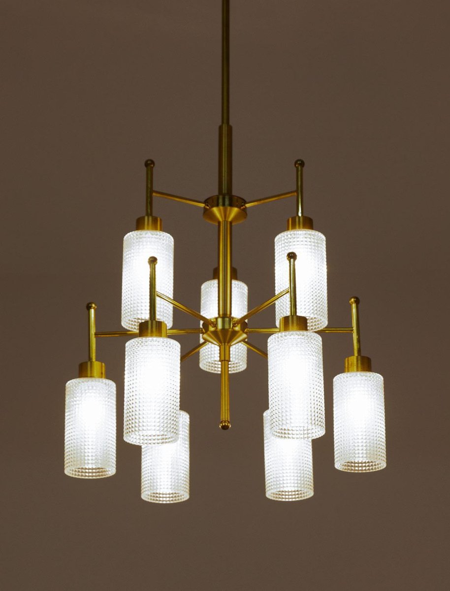 Swedish Chandelier in Brass and Glass by Holger Johansson for Westal, 1960s