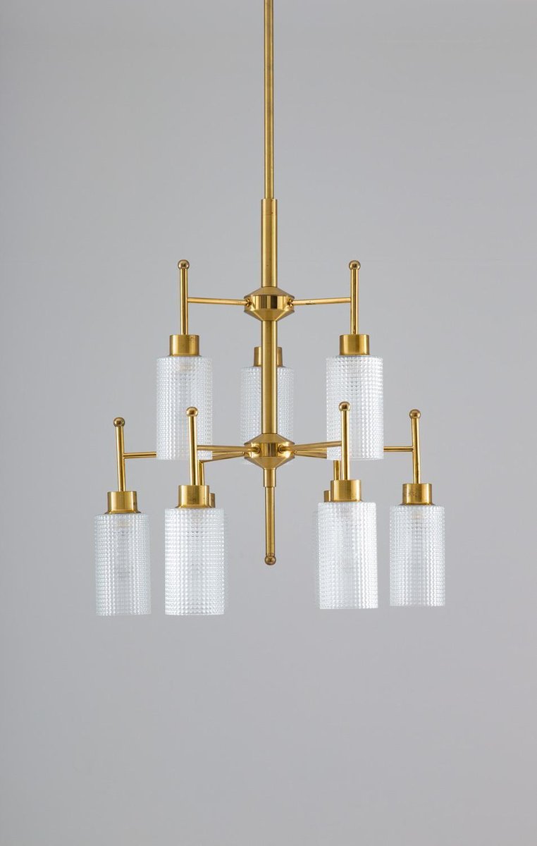 Swedish Chandelier in Brass and Glass by Holger Johansson for Westal, 1960s