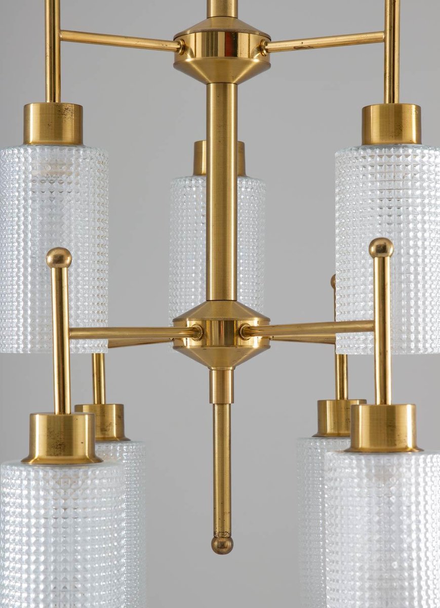 Swedish Chandelier in Brass and Glass by Holger Johansson for Westal, 1960s