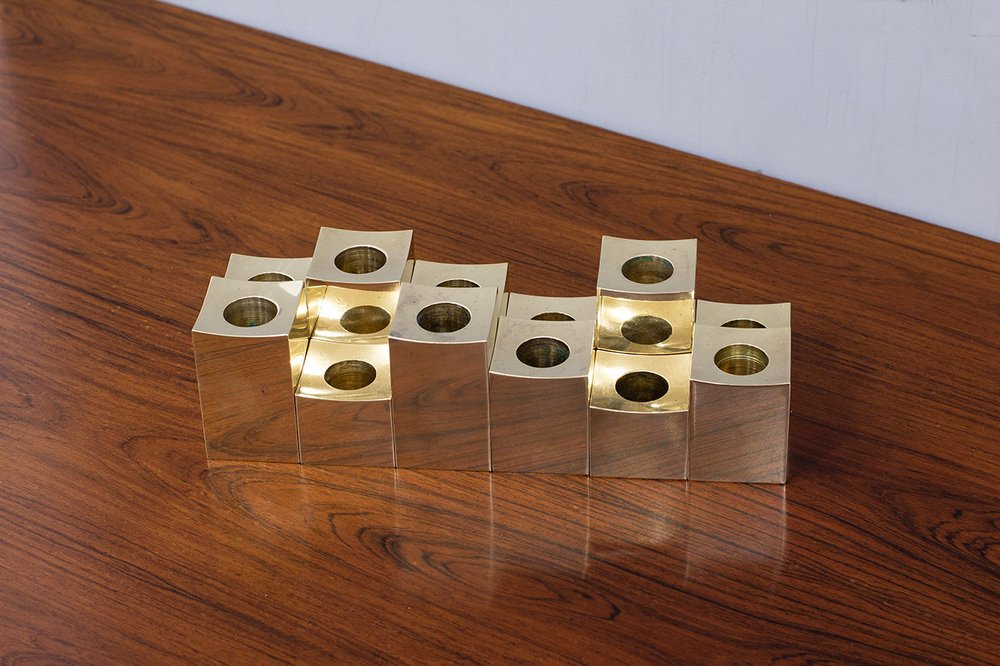 Swedish Cubic Brass Candlesticks by Gusum Metallslöjden, 1980s, Set of 12