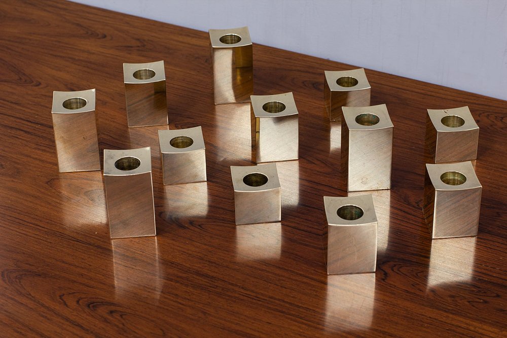 Swedish Cubic Brass Candlesticks by Gusum Metallslöjden, 1980s, Set of 12