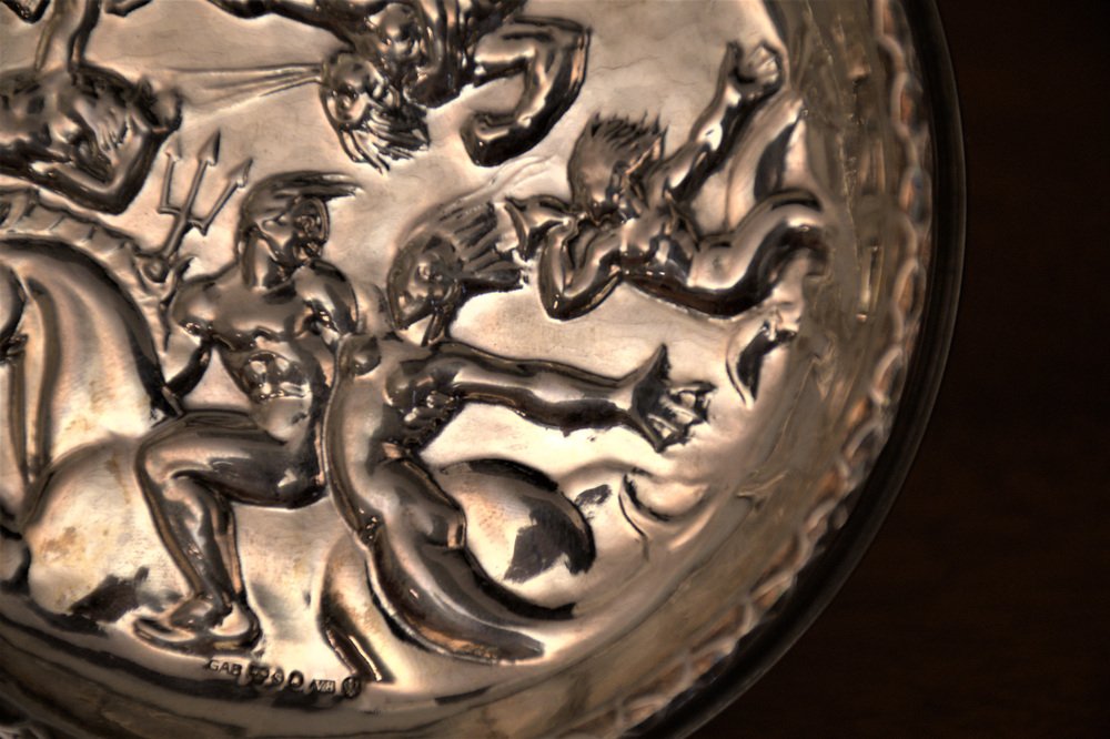 Swedish GAB Sterlingsilver and Bakelite Coasters, Made After Carl Milles "Play of the winds"