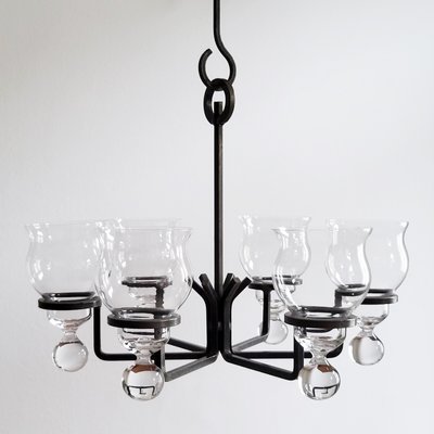 Swedish Glass & Wrought Iron Pendant Lamp by Erik Höglund for Kosta Boda, 1960s-RSE-2022834