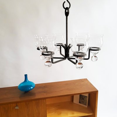 Swedish Glass & Wrought Iron Pendant Lamp by Erik Höglund for Kosta Boda, 1960s-RSE-2022834