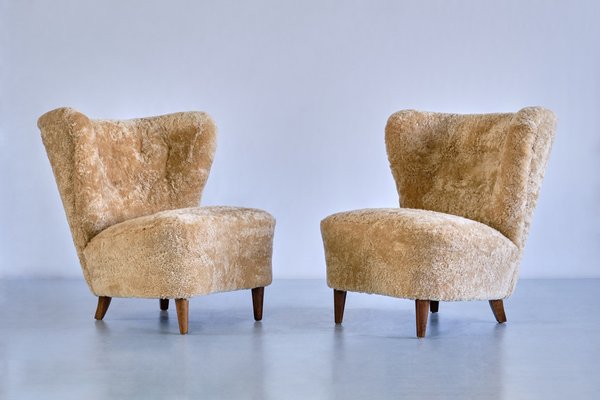 Swedish Lounge Chairs in Sheepskin and Ash Wood by Johannes Brynte, 1940s, Set of 2-FMT-1338506