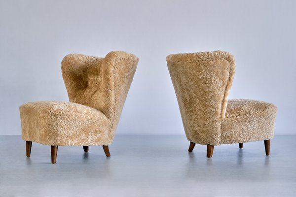 Swedish Lounge Chairs in Sheepskin and Ash Wood by Johannes Brynte, 1940s, Set of 2-FMT-1338506