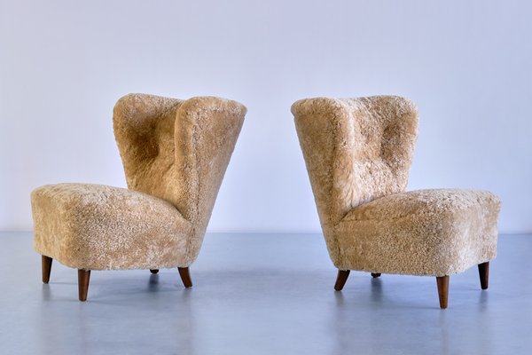 Swedish Lounge Chairs in Sheepskin and Ash Wood by Johannes Brynte, 1940s, Set of 2-FMT-1338506