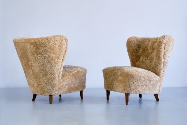 Swedish Lounge Chairs in Sheepskin and Ash Wood by Johannes Brynte, 1940s, Set of 2-FMT-1338506