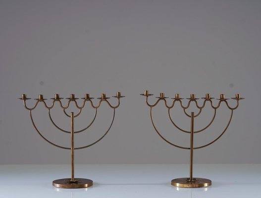 Swedish Modern Candelabras in Brass, 1940s, Set of 2-FM-1722762