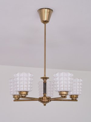 Swedish Modern Chandelier in Brass and Studded Opal Glass from Orrefors, 1950s-FMT-1338509