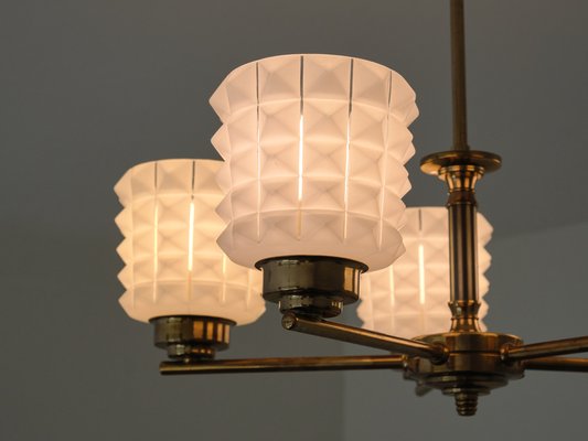 Swedish Modern Chandelier in Brass and Studded Opal Glass from Orrefors, 1950s-FMT-1338509