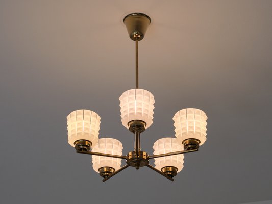 Swedish Modern Chandelier in Brass and Studded Opal Glass from Orrefors, 1950s-FMT-1338509