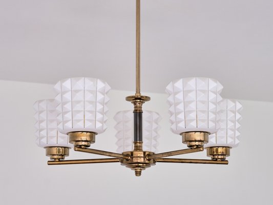 Swedish Modern Chandelier in Brass and Studded Opal Glass from Orrefors, 1950s-FMT-1338509