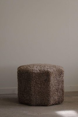 Swedish Modern Octagon Shaped Pouf/Stool in Shearling Lambswool, 1940s-MXF-2018031