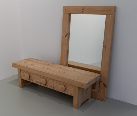 Swedish Modern Pine Bench and Mirror by Ruben Ward for Fröseke, 1970s, Set of 2-WIX-1770947