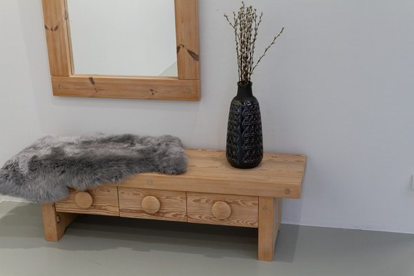 Swedish Modern Pine Bench and Mirror by Ruben Ward for Fröseke, 1970s, Set of 2-WIX-1770947