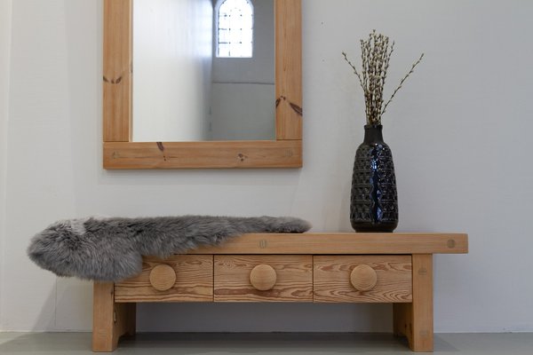 Swedish Modern Pine Bench and Mirror by Ruben Ward for Fröseke, 1970s, Set of 2-WIX-1770947