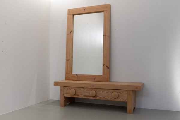 Swedish Modern Pine Bench and Mirror by Ruben Ward for Fröseke, 1970s, Set of 2-WIX-1770947