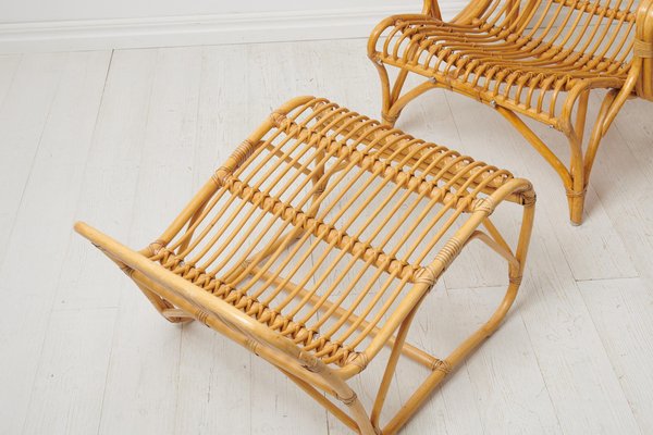 Swedish Modern Rattan Lounge Chairs and Footstool attributed to Bruno Mathsson for Dux, 1970s, Set of 3-MJF-1772916