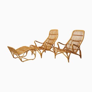 Swedish Modern Rattan Lounge Chairs and Footstool attributed to Bruno Mathsson for Dux, 1970s, Set of 3-MJF-1772916