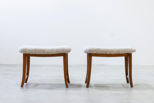 Swedish Modern Stools with Sheepskin, 1940s, Set of 2-KO-2040795