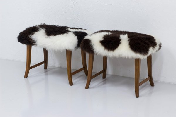 Swedish Modern Stools with Sheepskin, 1940s, Set of 2-KO-1762537