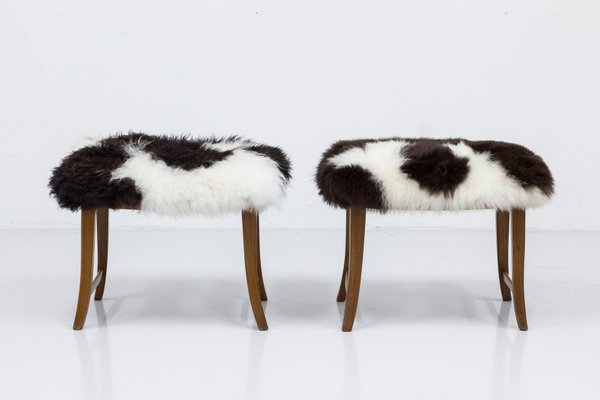 Swedish Modern Stools with Sheepskin, 1940s, Set of 2-KO-1762537