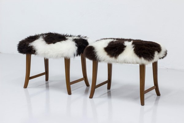 Swedish Modern Stools with Sheepskin, 1940s, Set of 2-KO-1762537