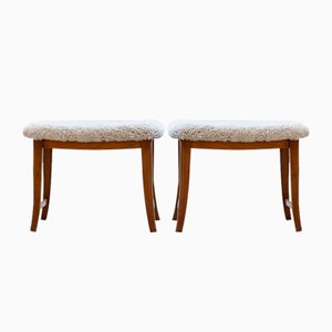 Swedish Modern Stools with Sheepskin, 1940s, Set of 2-KO-2040795