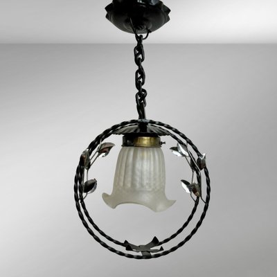 Swedish Modern Wrought Iron Pendant Lamp with Organic Leaf Decor, 1940s-LIV-2043409